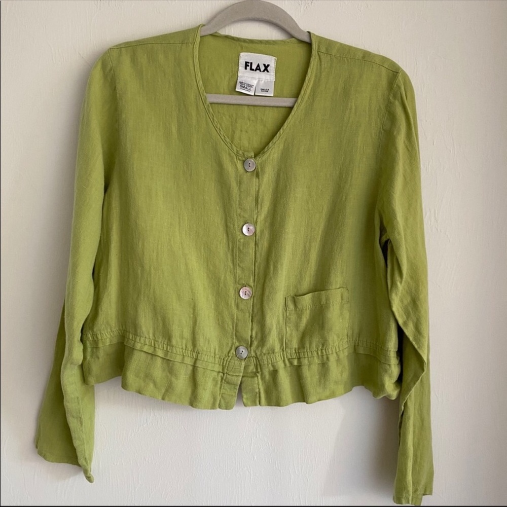 Flax 100% Linen Green Long Sleeve Button Down Top